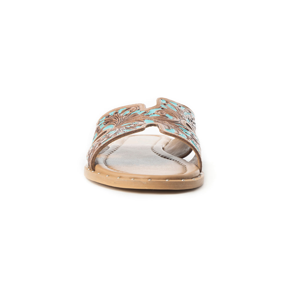 Myra Carmina Blue Embossed Leather Slip-On Sandals for Women â€“ Western H-Cut Slides with Studded Trim