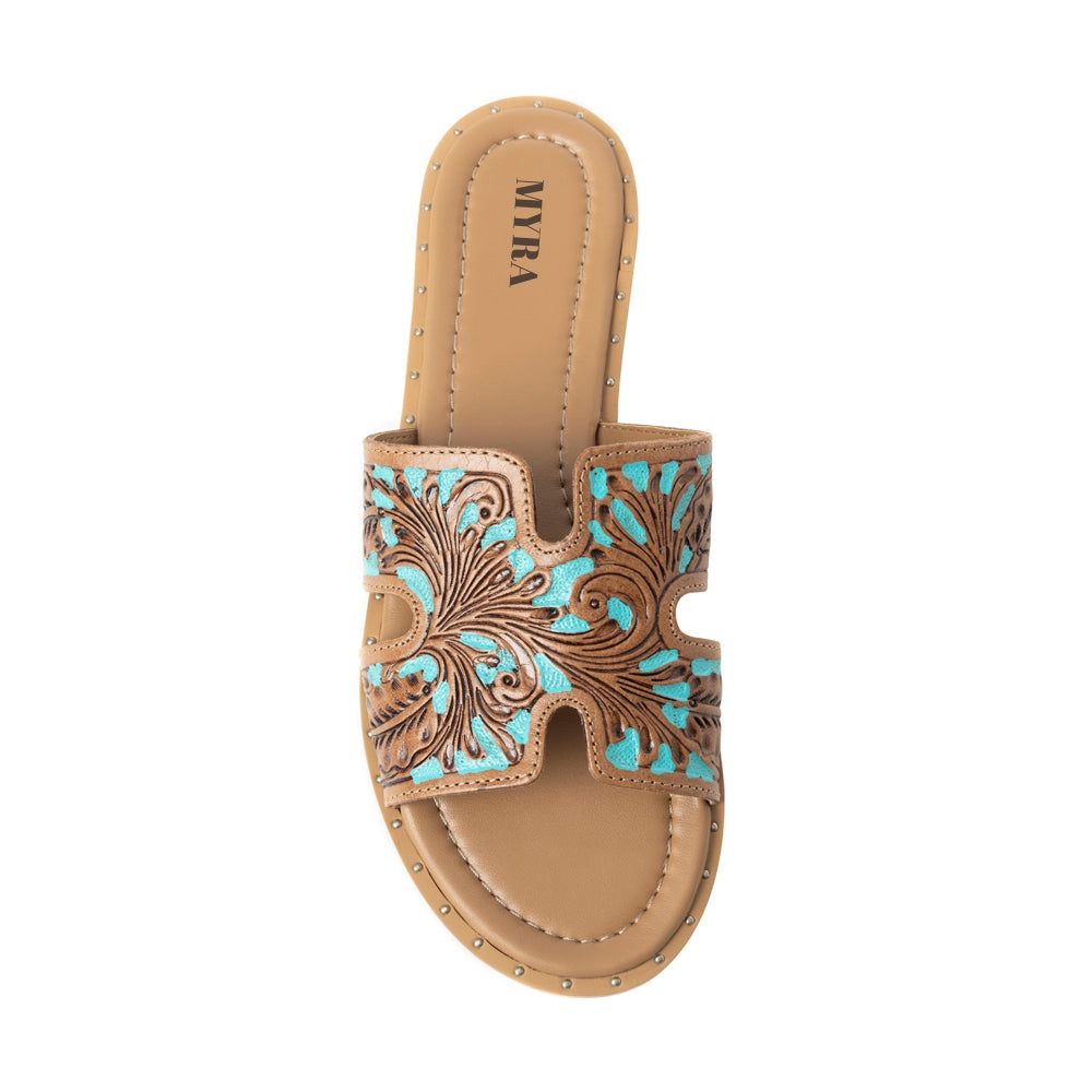 Myra Carmina Blue Embossed Leather Slip-On Sandals for Women â€“ Western H-Cut Slides with Studded Trim