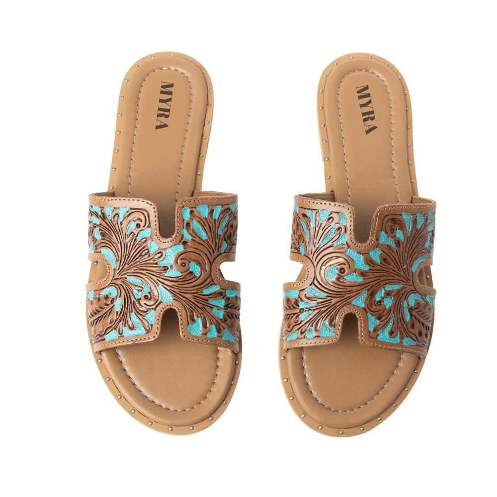 Myra Carmina Blue Embossed Leather Slip-On Sandals for Women â€“ Western H-Cut Slides with Studded Trim