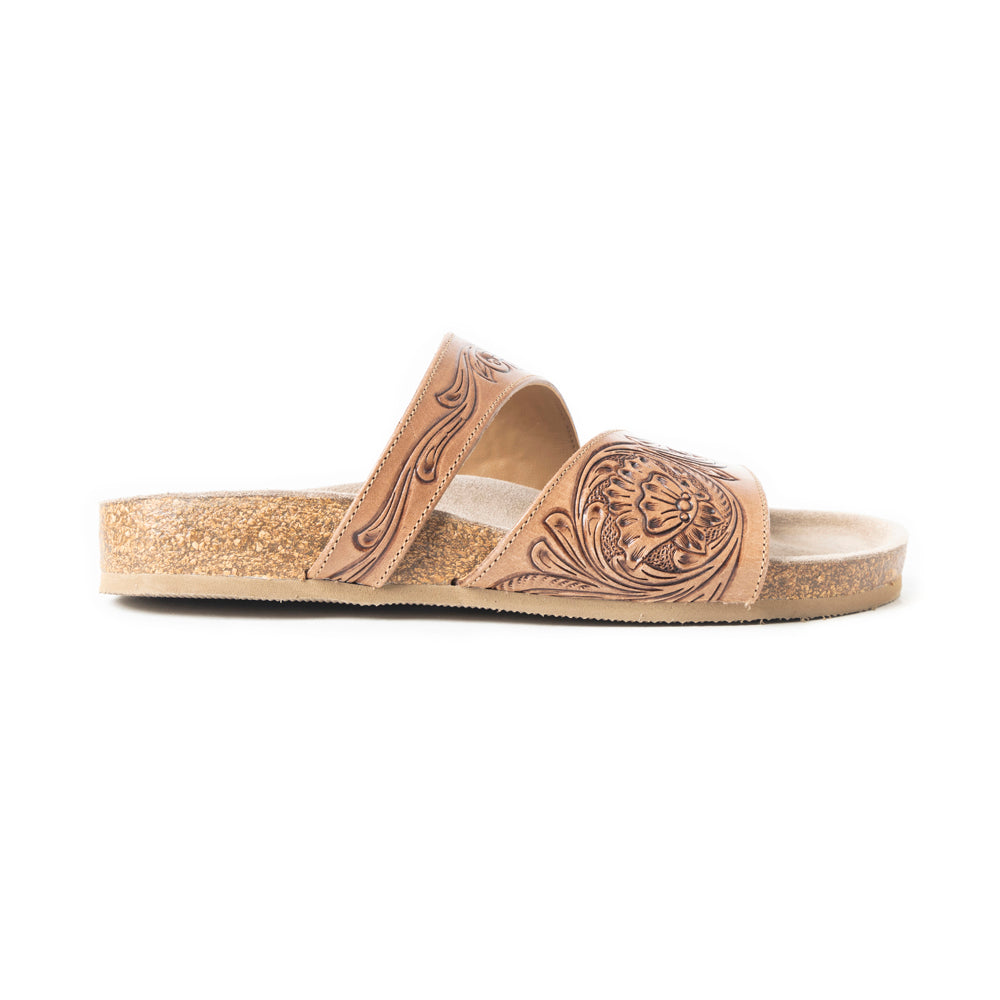 Myra Westward Wind Handtooled Leather Slide Sandals for Women â€“ Cross-Strap Design with Soft Cork Sole for Cushioned Western Comfort