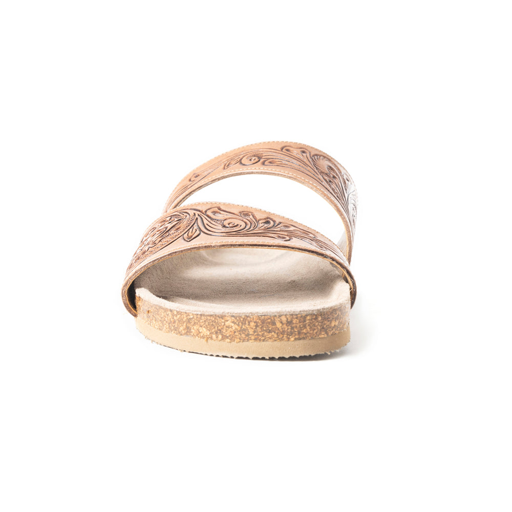 Myra Westward Wind Handtooled Leather Slide Sandals for Women â€“ Cross-Strap Design with Soft Cork Sole for Cushioned Western Comfort
