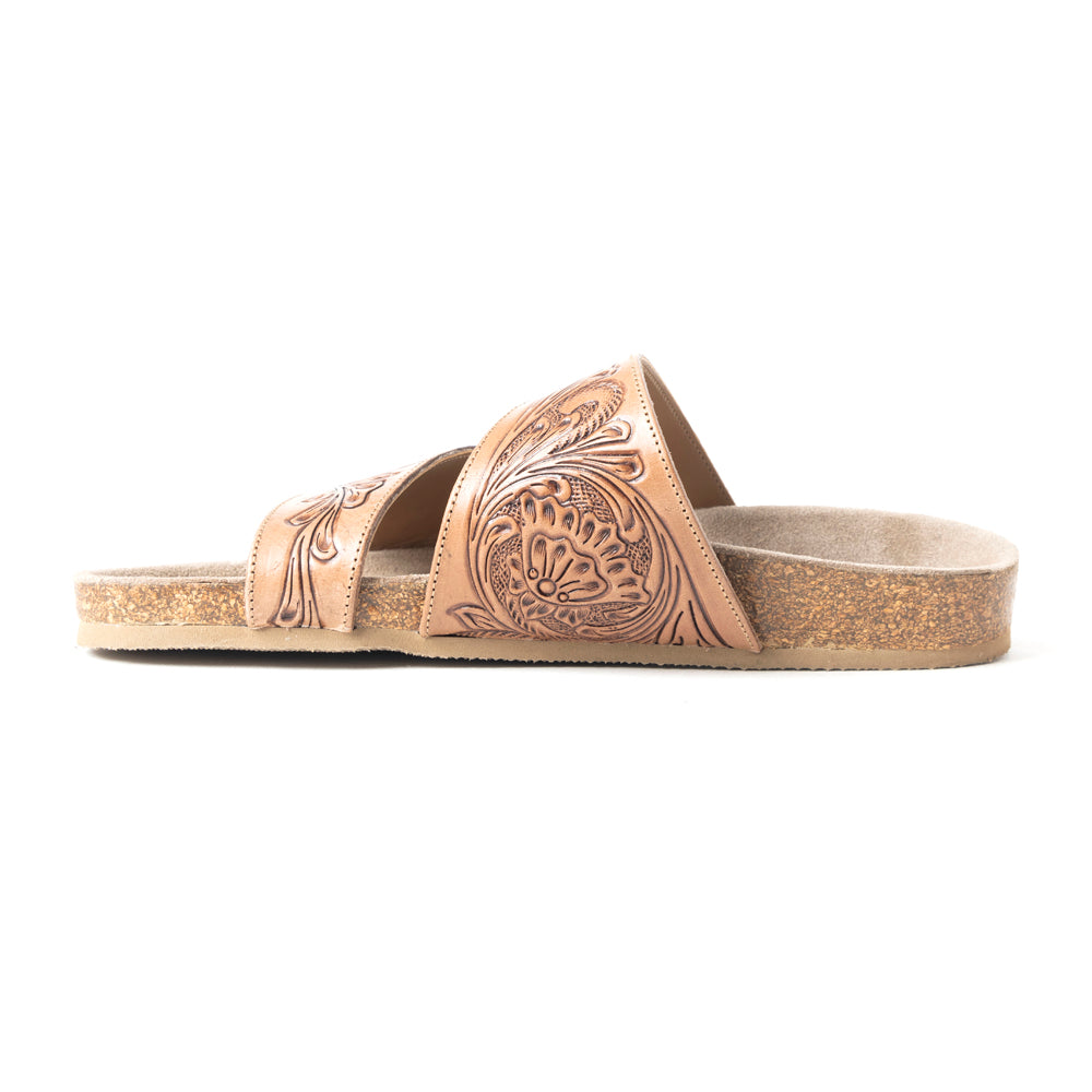 Myra Westward Wind Handtooled Leather Slide Sandals for Women â€“ Cross-Strap Design with Soft Cork Sole for Cushioned Western Comfort