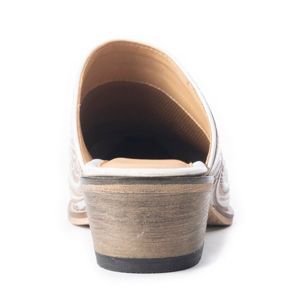 Myra Valeria White Leather Mules for Women - Handtooled Desert Bloom Pattern with Block Heels for Stylish Comfort