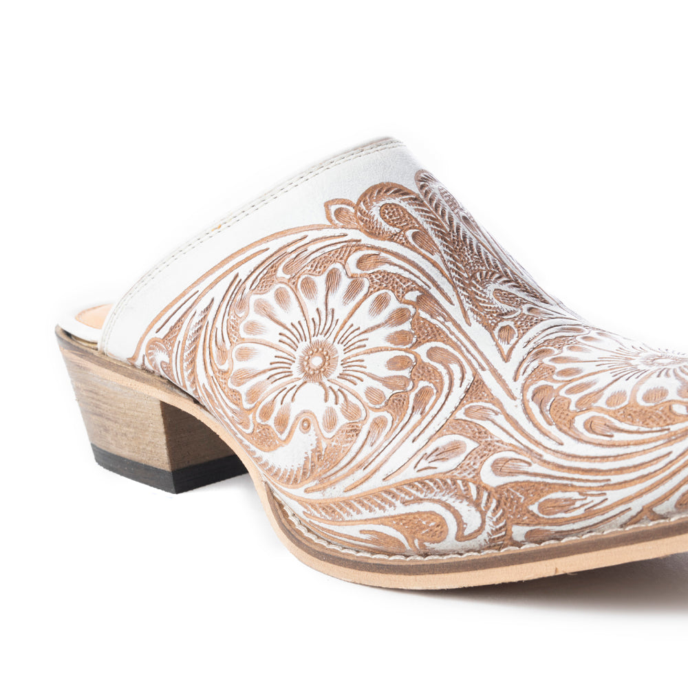 Myra Valeria White Leather Mules for Women - Handtooled Desert Bloom Pattern with Block Heels for Stylish Comfort