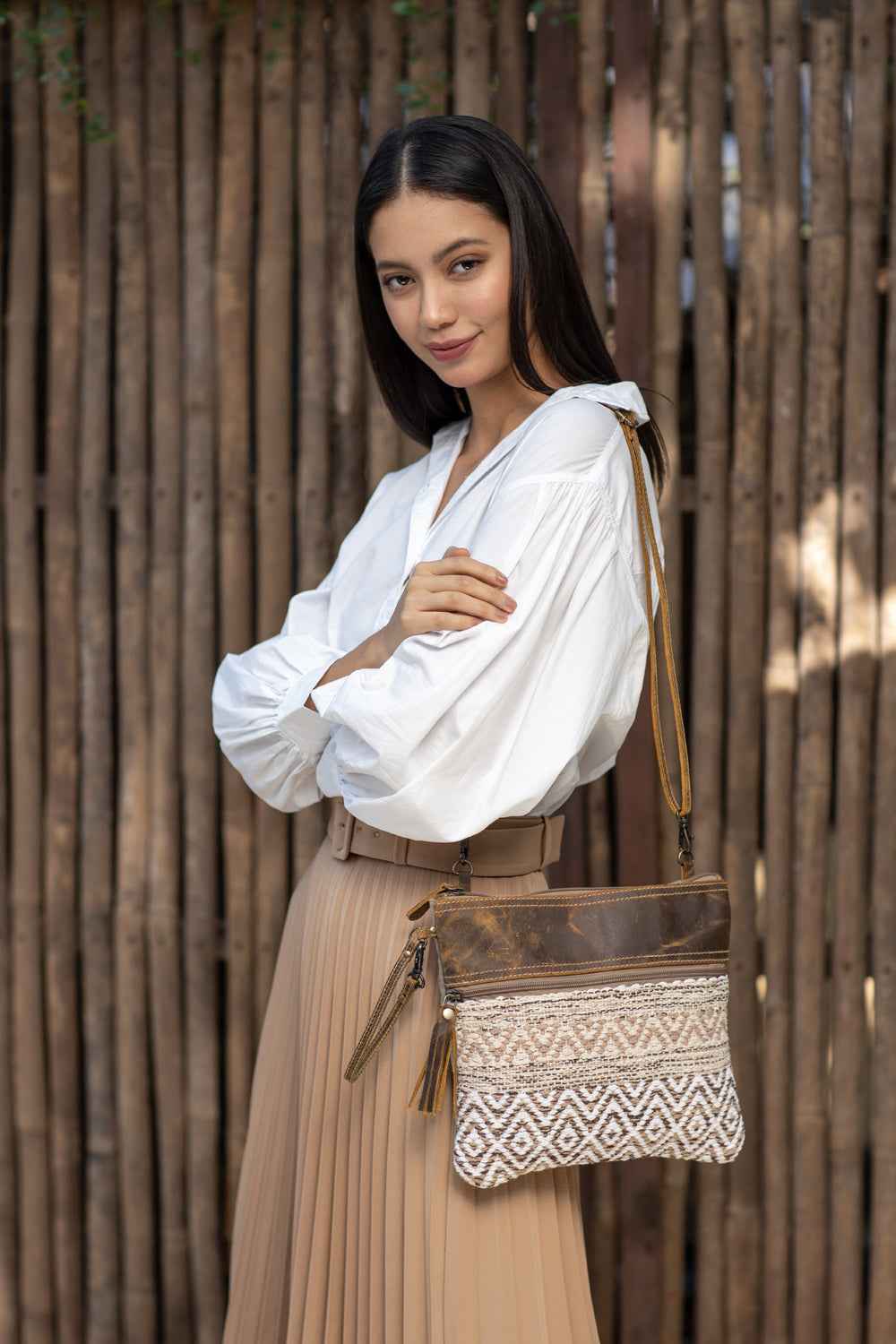 Myra Contentent Aztec Sling Bag for Women – Patterned Canvas, Brown Leather Trim