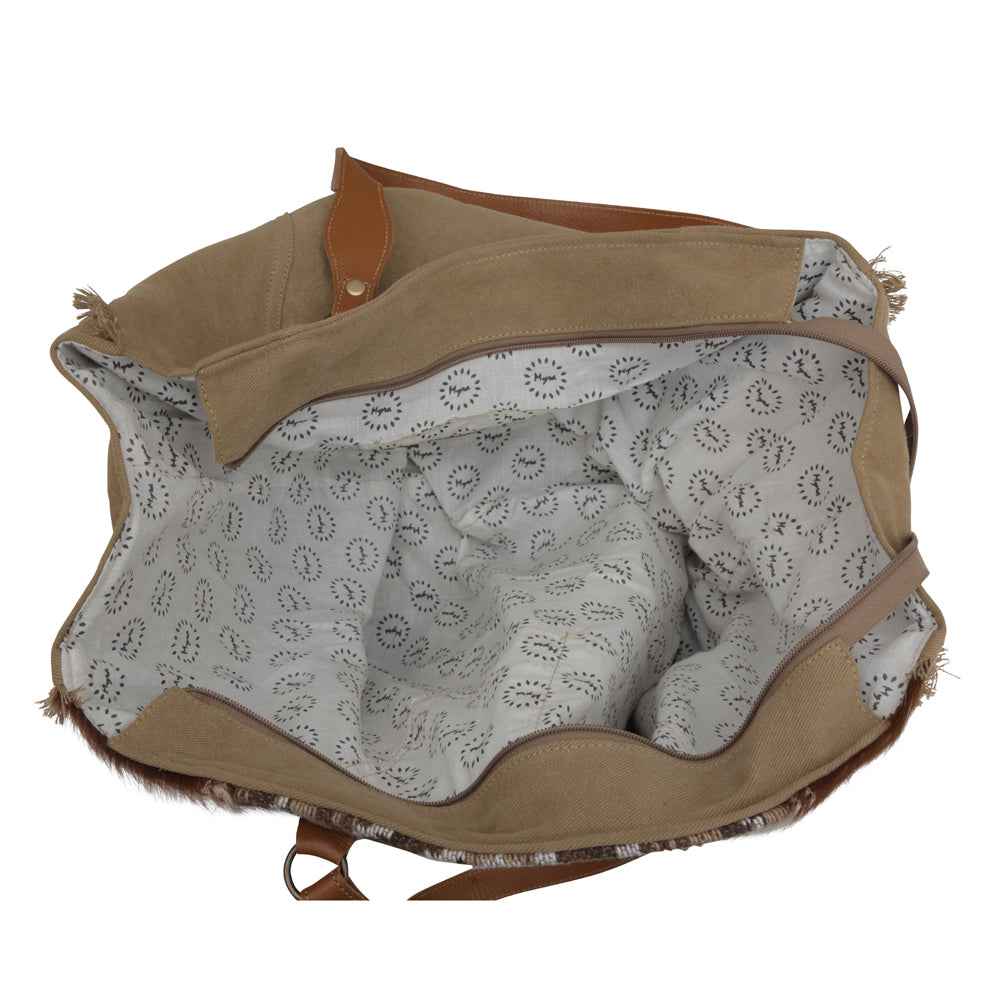 Myra Elisa Leather Weekender Bag - Spacious Cowhide Travel Tote with Tribal Woven Panel and Dual Shoulder Straps