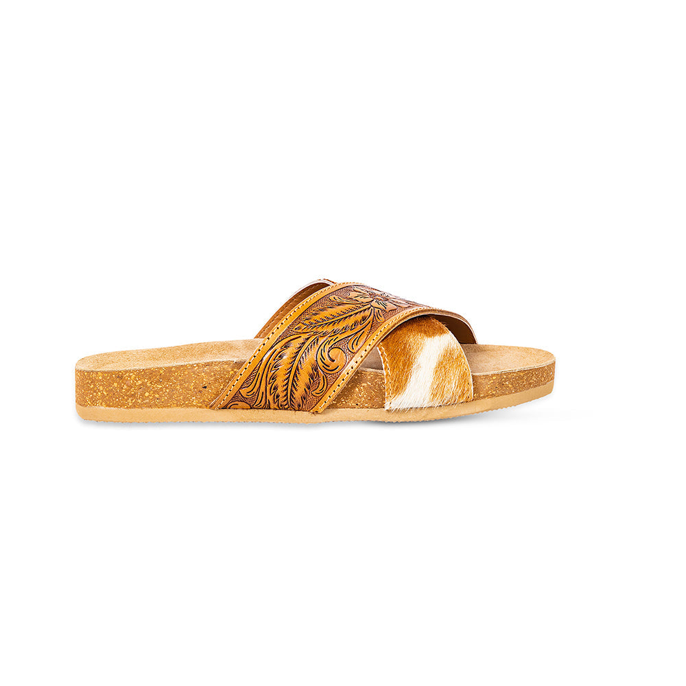 Myra Prairie Handtooled Leather Slide Sandals for Women â€“ Floral Western Design, Soft Cork Footbed for Comfort