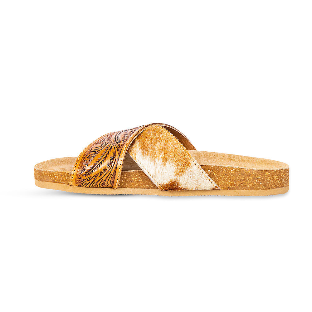 Myra Prairie Handtooled Leather Slide Sandals for Women â€“ Floral Western Design, Soft Cork Footbed for Comfort