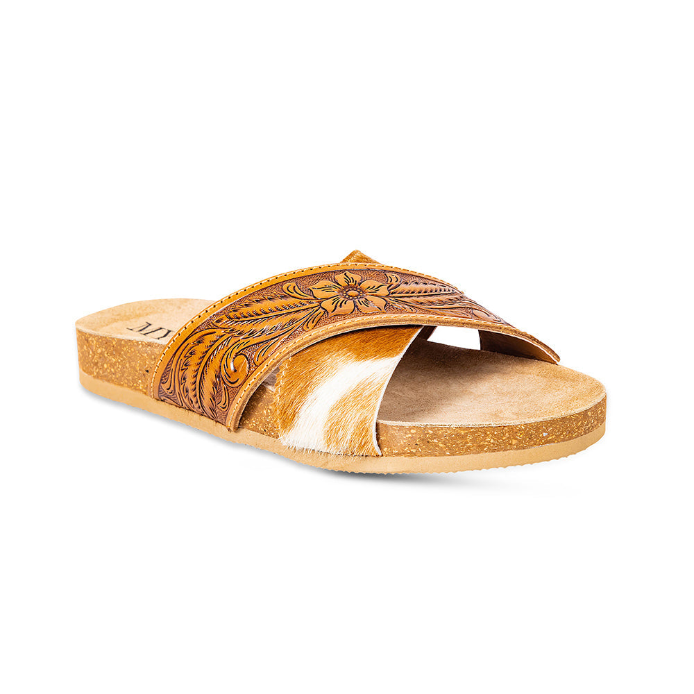 Myra Prairie Handtooled Leather Slide Sandals for Women â€“ Floral Western Design, Soft Cork Footbed for Comfort