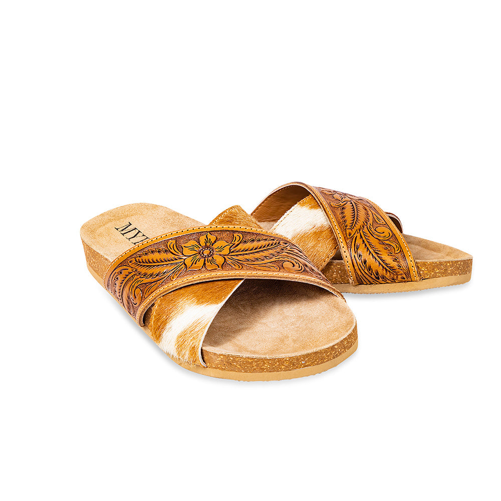 Myra Prairie Handtooled Leather Slide Sandals for Women â€“ Floral Western Design, Soft Cork Footbed for Comfort