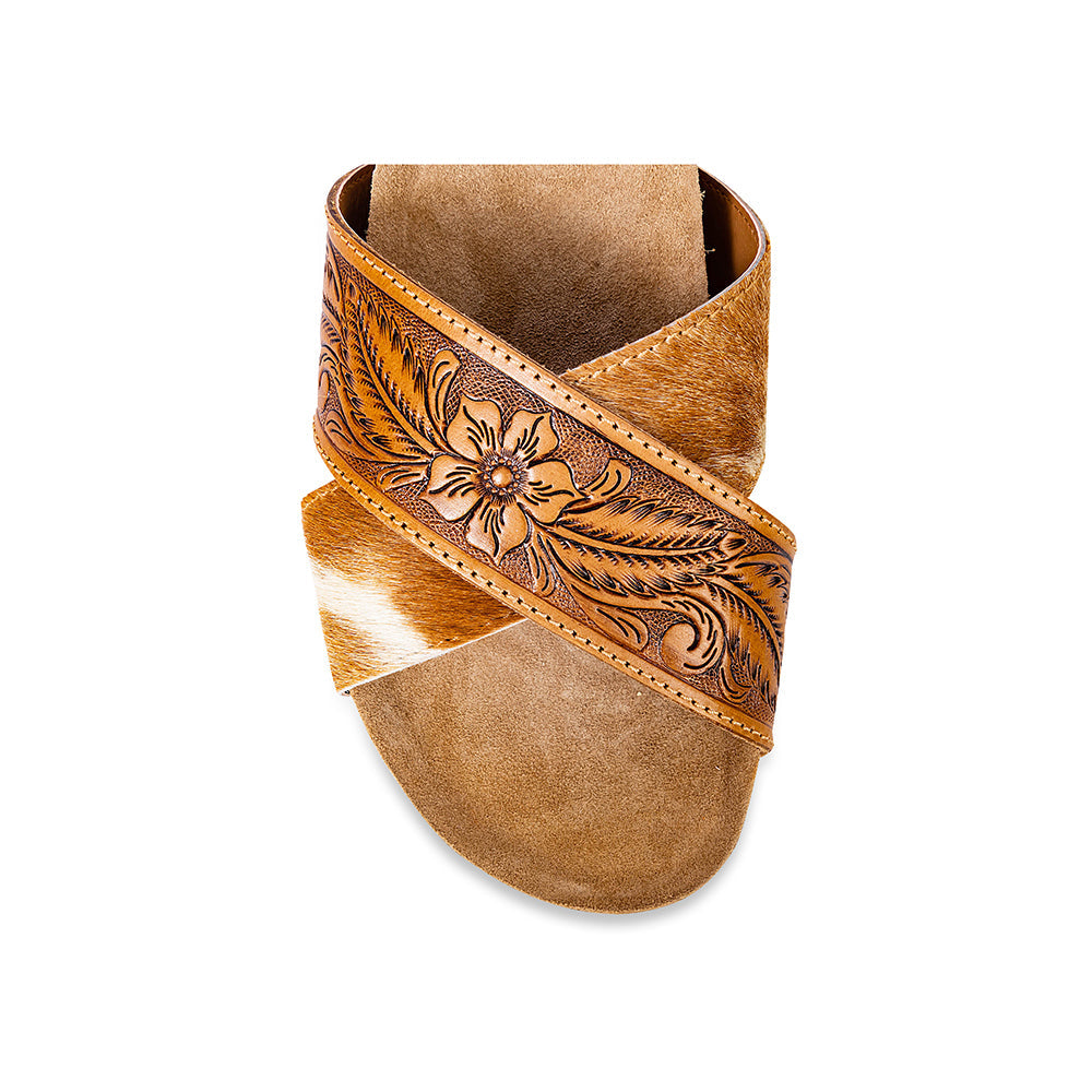 Myra Prairie Handtooled Leather Slide Sandals for Women â€“ Floral Western Design, Soft Cork Footbed for Comfort