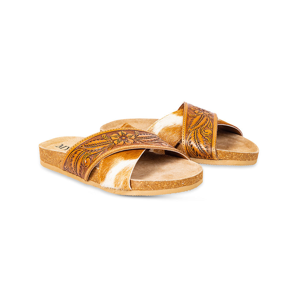 Myra Prairie Handtooled Leather Slide Sandals for Women â€“ Floral Western Design, Soft Cork Footbed for Comfort