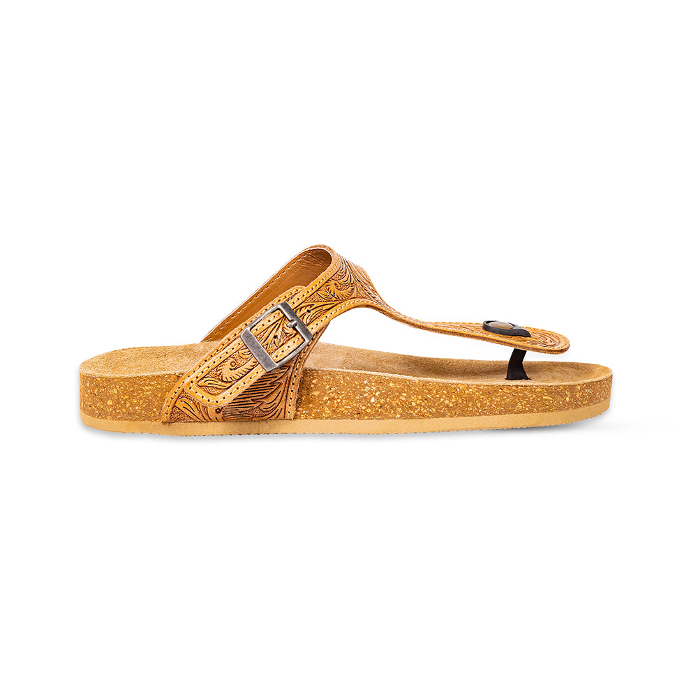Myra Sadie Mesa Leather Slides for Women - Cushioned Cork Sole, Floral Tooled Finish for Everyday Elegance