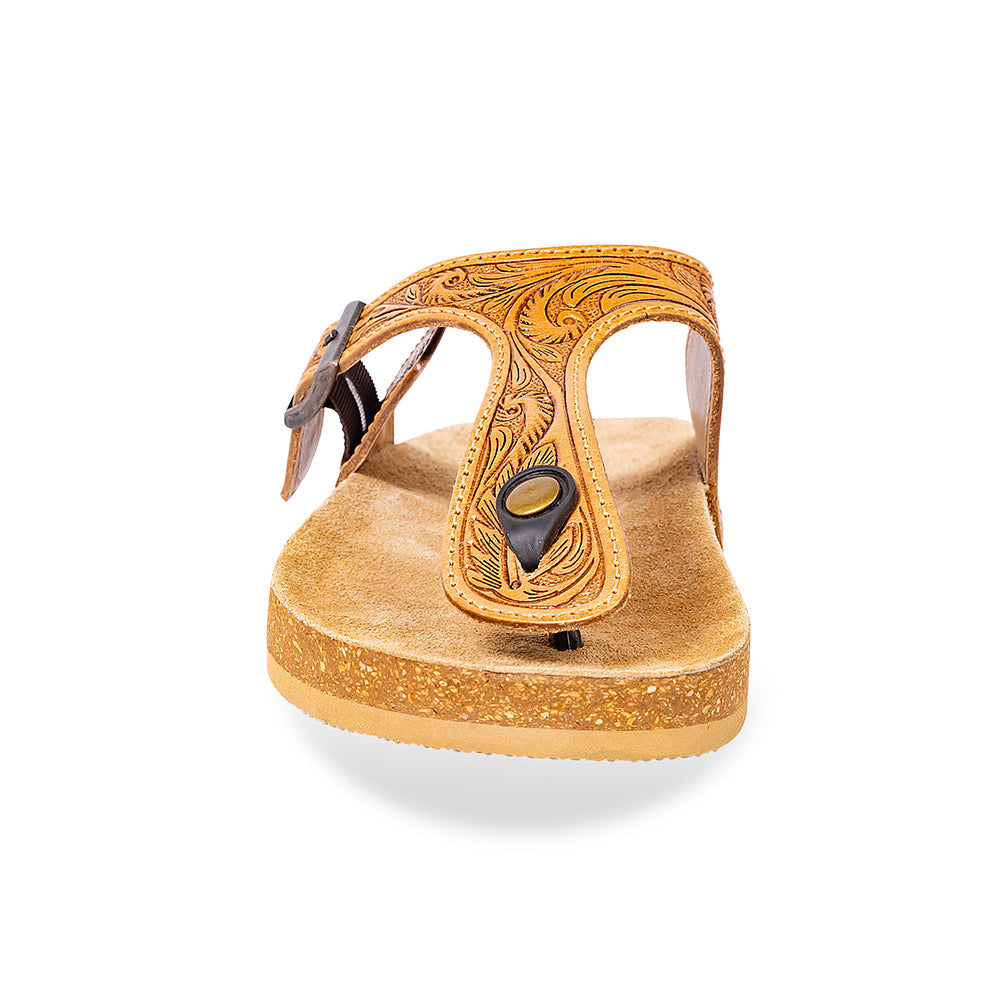 Myra Sadie Mesa Leather Slides for Women - Cushioned Cork Sole, Floral Tooled Finish for Everyday Elegance