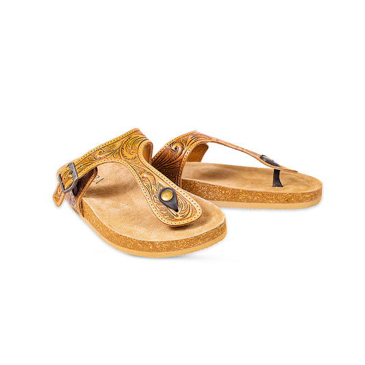Myra Sadie Mesa Leather Slides for Women - Cushioned Cork Sole, Floral Tooled Finish for Everyday Elegance