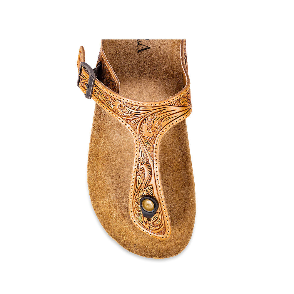 Myra Sadie Mesa Leather Slides for Women - Cushioned Cork Sole, Floral Tooled Finish for Everyday Elegance