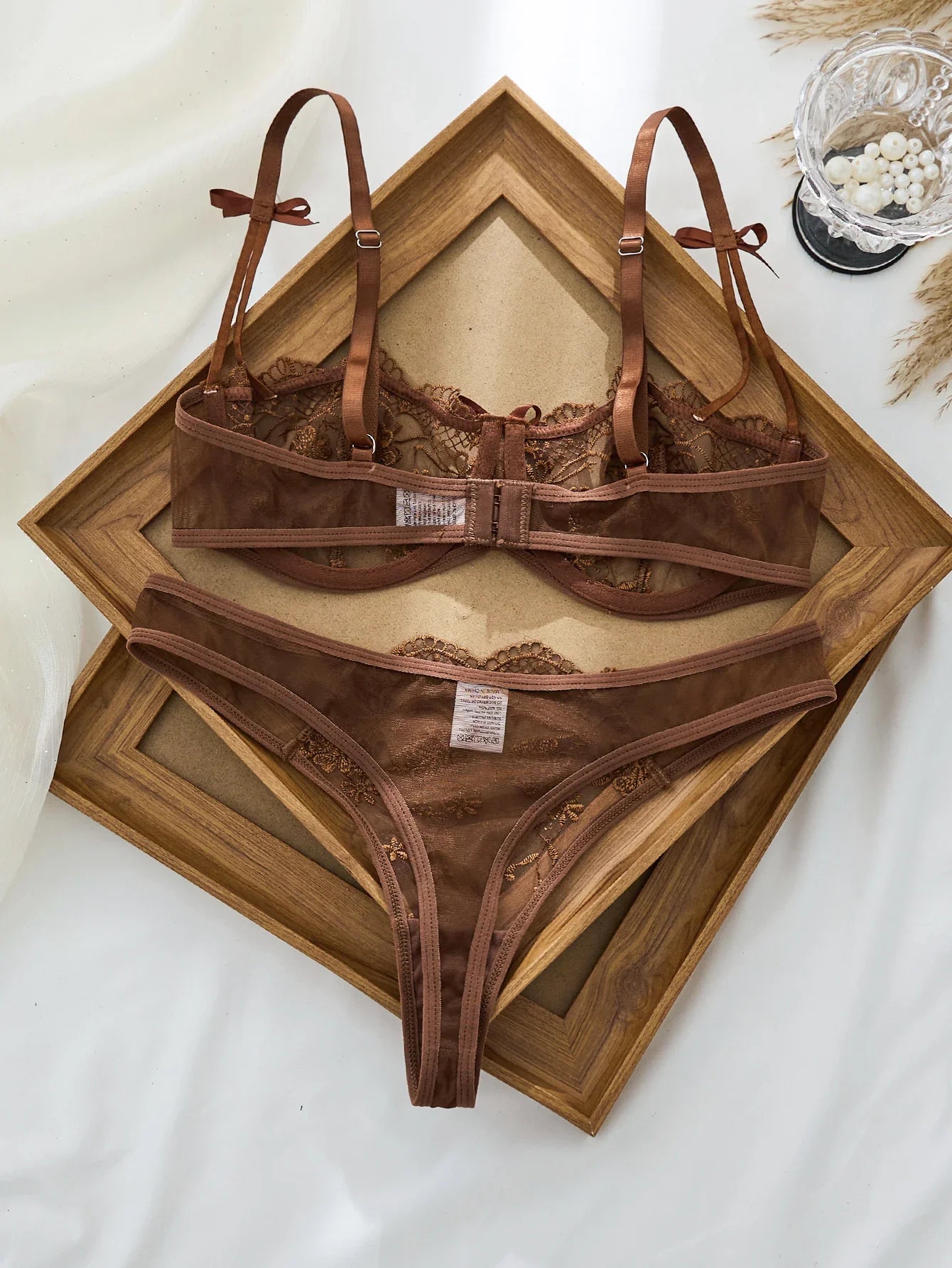 Lady Floral Embroidery Lingerie Set Women Sheer Bra and Brief Underwear Set Satin Sexy Intimates Underwear