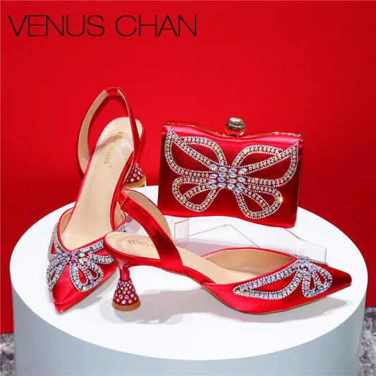 Design Diamond-Encrusted Bag And Pointed High-Heeled Shoes