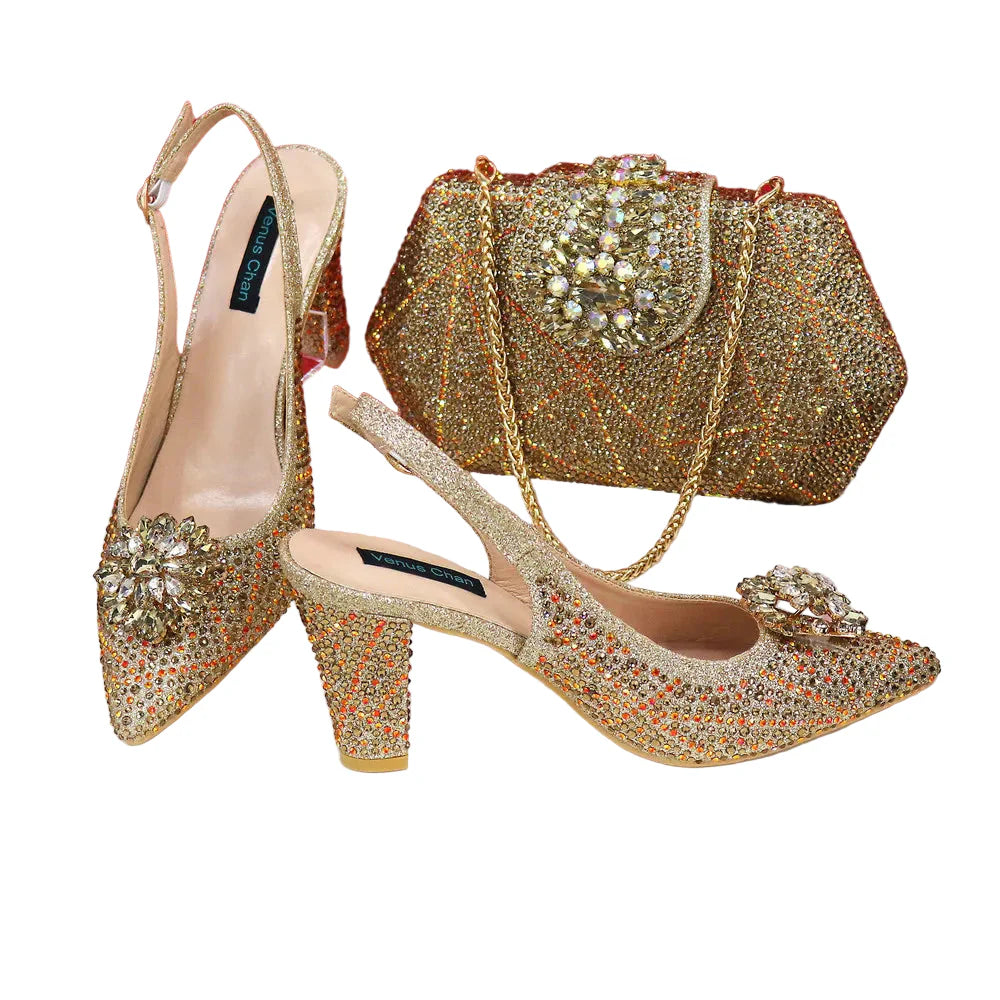 Italian Shoe and Bag Set With Decorated with Rhinestone