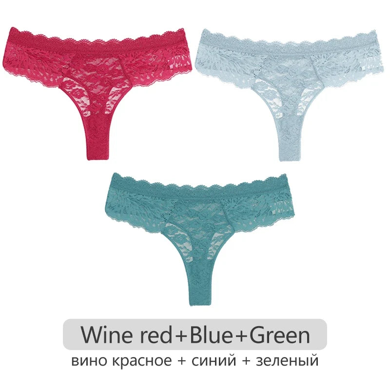 Full Lace Thongs Women 3Pcs/set Sexy G-string Underpants S-XL Ladies Floral T-Back Underwear Female Bikini Panties Girl Lingerie