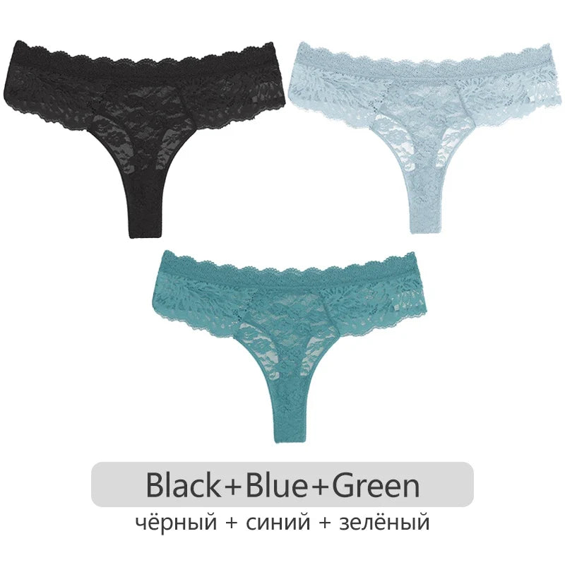 Full Lace Thongs Women 3Pcs/set Sexy G-string Underpants S-XL Ladies Floral T-Back Underwear Female Bikini Panties Girl Lingerie