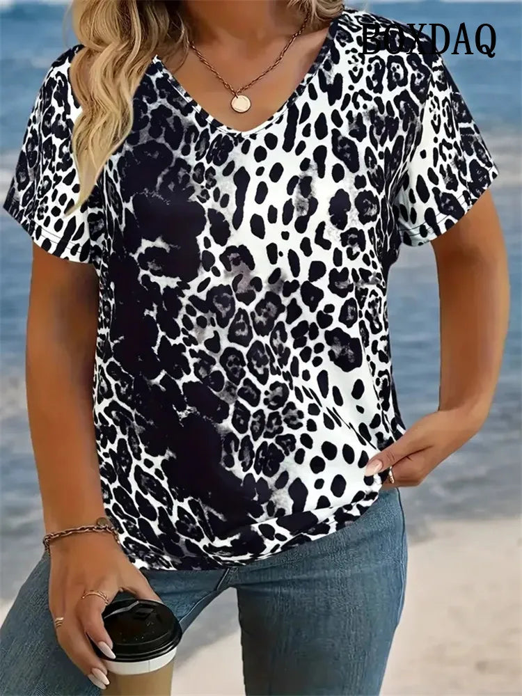 8XL Large Size T-Shirt Women Summer Casual Simple V-Neck Short-Sleeve