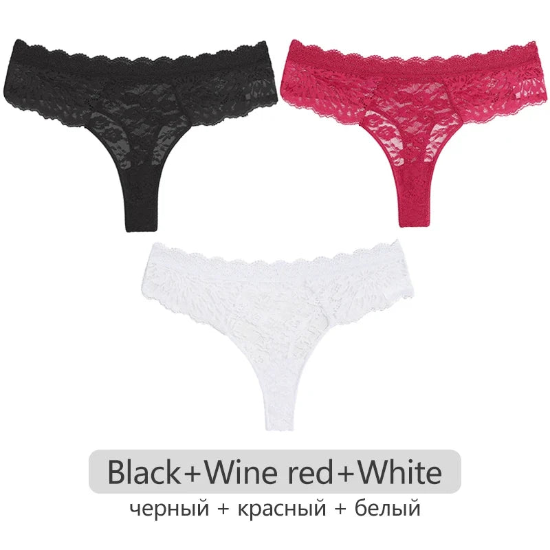 Full Lace Thongs Women 3Pcs/set Sexy G-string Underpants S-XL Ladies Floral T-Back Underwear Female Bikini Panties Girl Lingerie