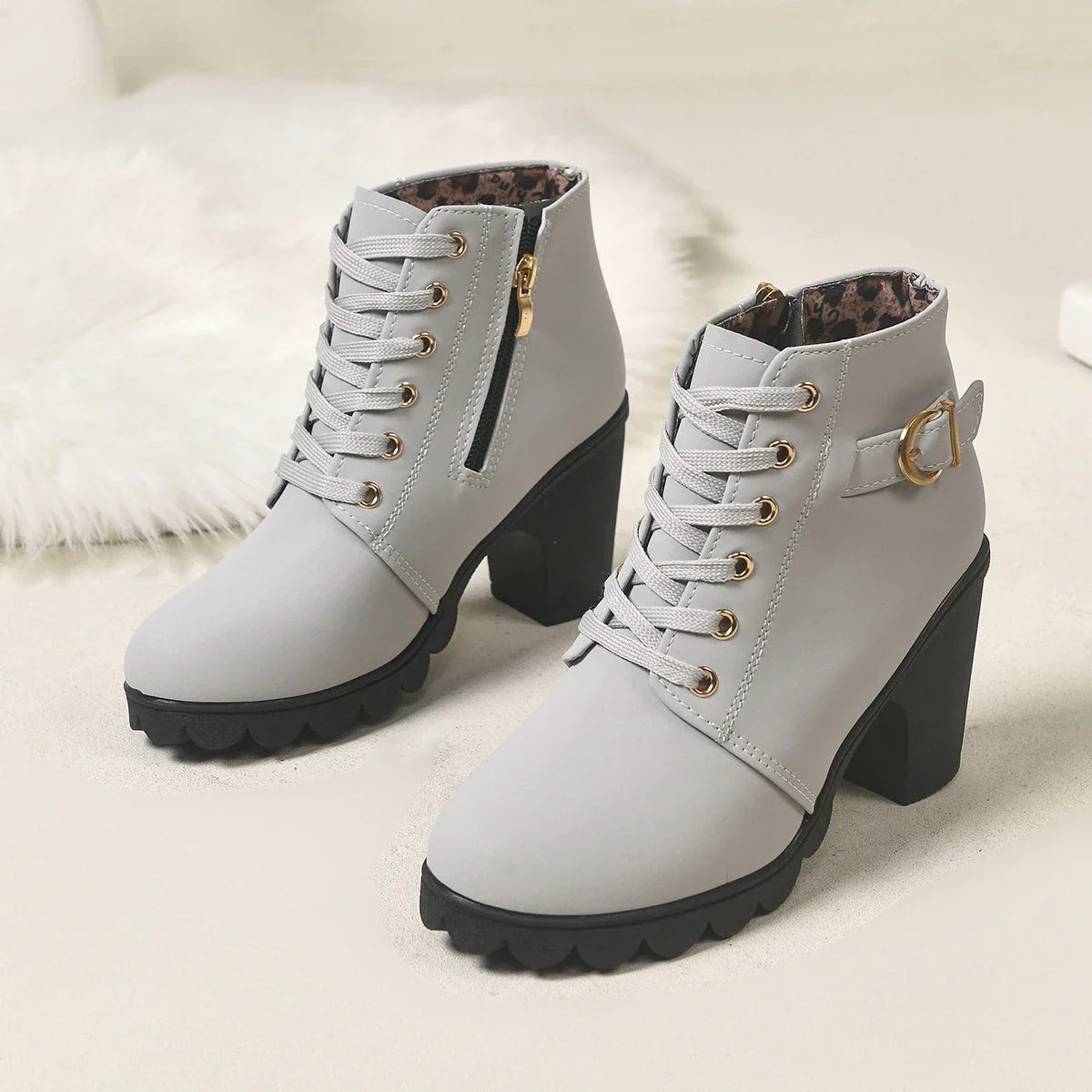 Women Lace‑Up Ankle Boots With Metal Buckle Side Zipper Chunky Block Heels