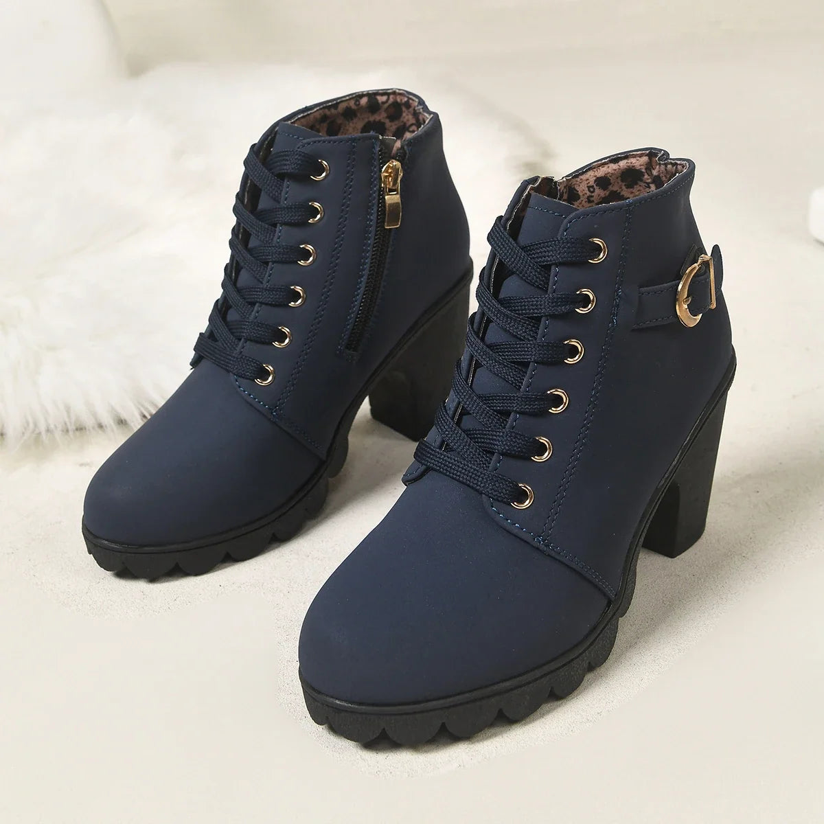Women Lace‑Up Ankle Boots With Metal Buckle Side Zipper Chunky Block Heels