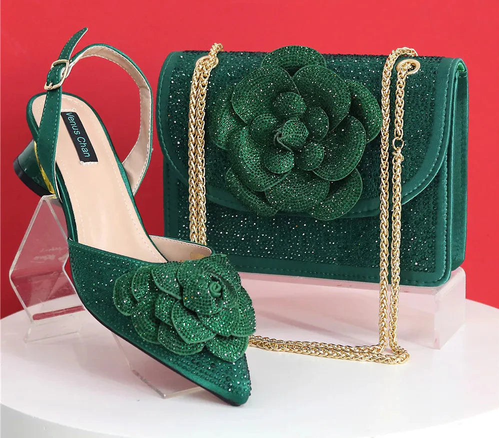 Elegant Lady Shoes And Bag Set with Rhinestone Pearls-knot