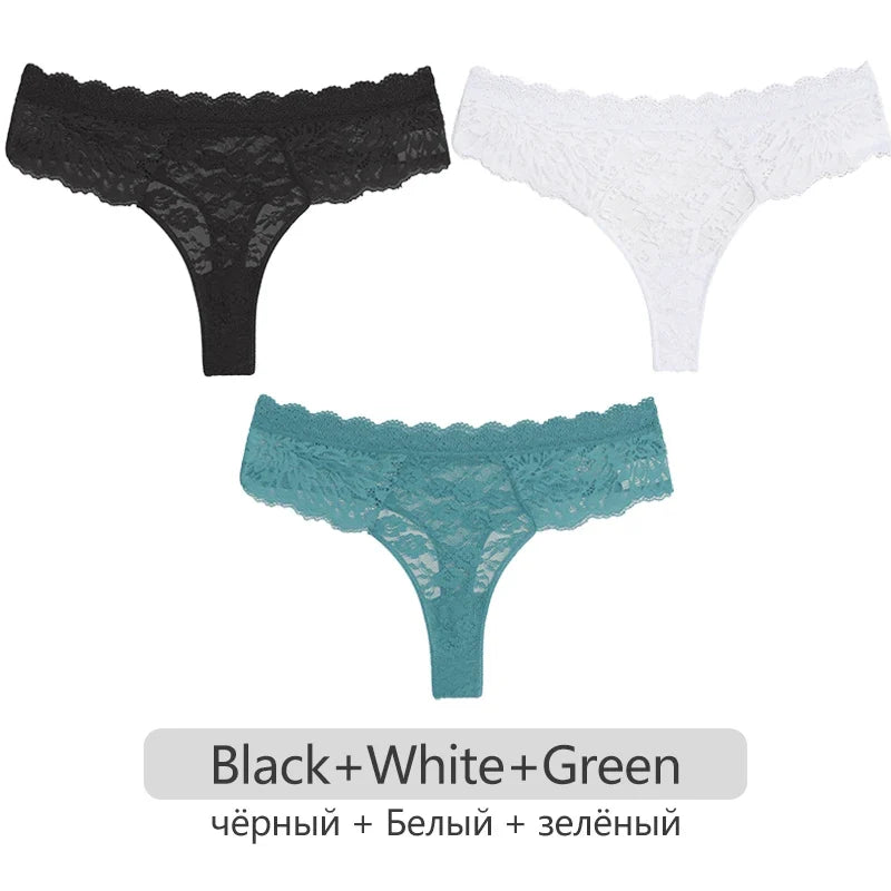 Full Lace Thongs Women 3Pcs/set Sexy G-string Underpants S-XL Ladies Floral T-Back Underwear Female Bikini Panties Girl Lingerie