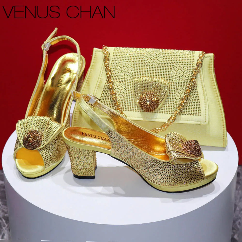 New Square Heels Peep Toe Shoes Matching Bag Set
