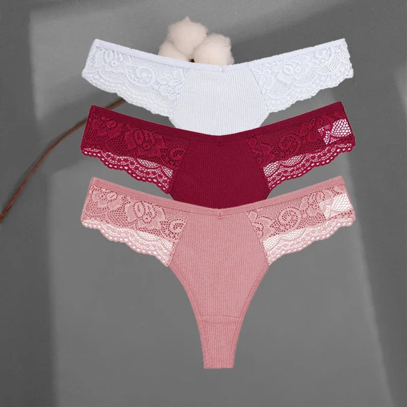3Pcs/set Cotton Thongs Lace Bikini Underpants Women S-XL T-Back Underwear Ladies G-string Soft Thong Panties Female Lingerie New