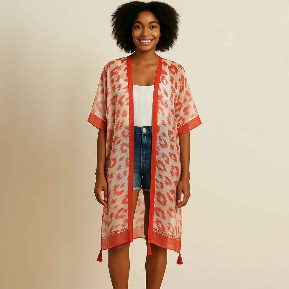 Sheer Leopard Print Tassel Detail Open Front Long Kimono Poncho