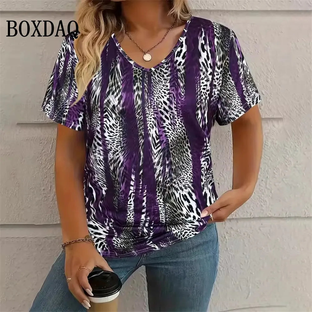 Summer Vintage Leopard 3D Print T-Shirt Women Streetwear Casual T Shirts Plus Size Tops Woman Loose V-Neck Tee Oversized Clothes