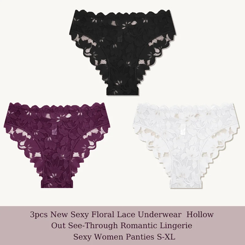 3Pcs/Set Sexy Floral Lace Underwear Panties Sets Hollow Out See-Through Romantic Lingerie Underwear Sexy Women Panties S-XL