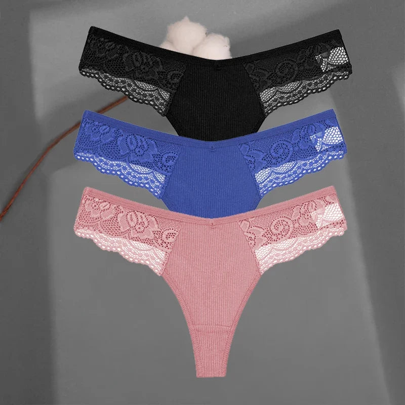 3Pcs/set Cotton Thongs Lace Bikini Underpants Women S-XL T-Back Underwear Ladies G-string Soft Thong Panties Female Lingerie New