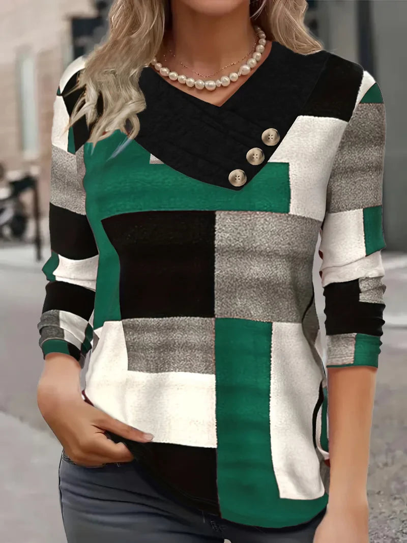 Autumn Thin Fashion Plaid Print V-Neck Button Plus Size Women's Long