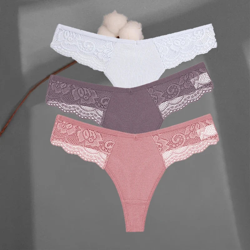 3Pcs/set Cotton Thongs Lace Bikini Underpants Women S-XL T-Back Underwear Ladies G-string Soft Thong Panties Female Lingerie New