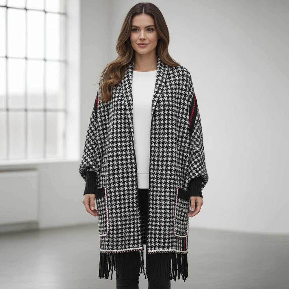 Open Front Houndstooth Fringe Knit Poncho
