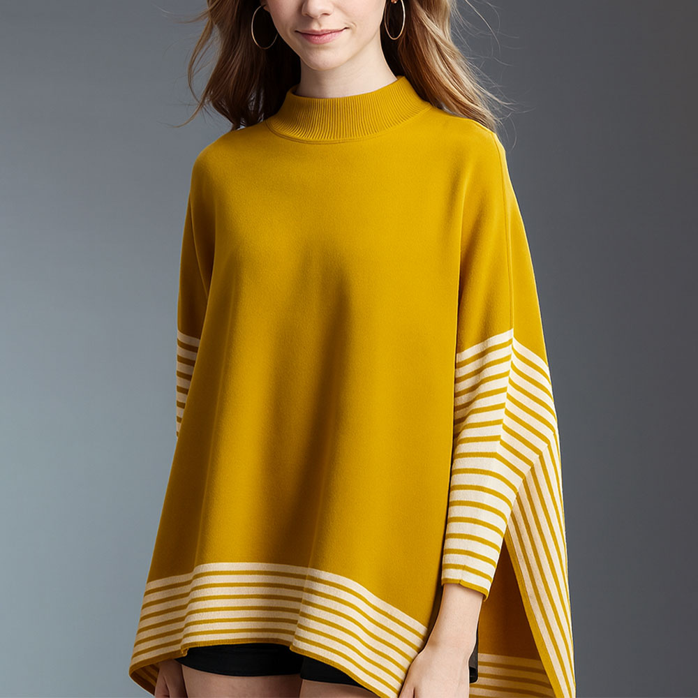 Striped Hem Mock Neck Asymmetrical Poncho