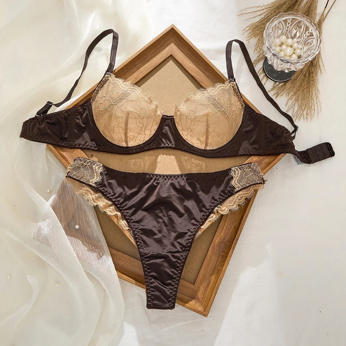 Sexy Lace Flowers Embroidery Lingerie Set for Women Ultra Thin Breathable Bra Button Decoration Underwear French Bras Thong Sets