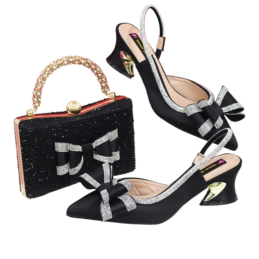 Med Heel Shoes for Women Italian Design Shoes and Bag Set