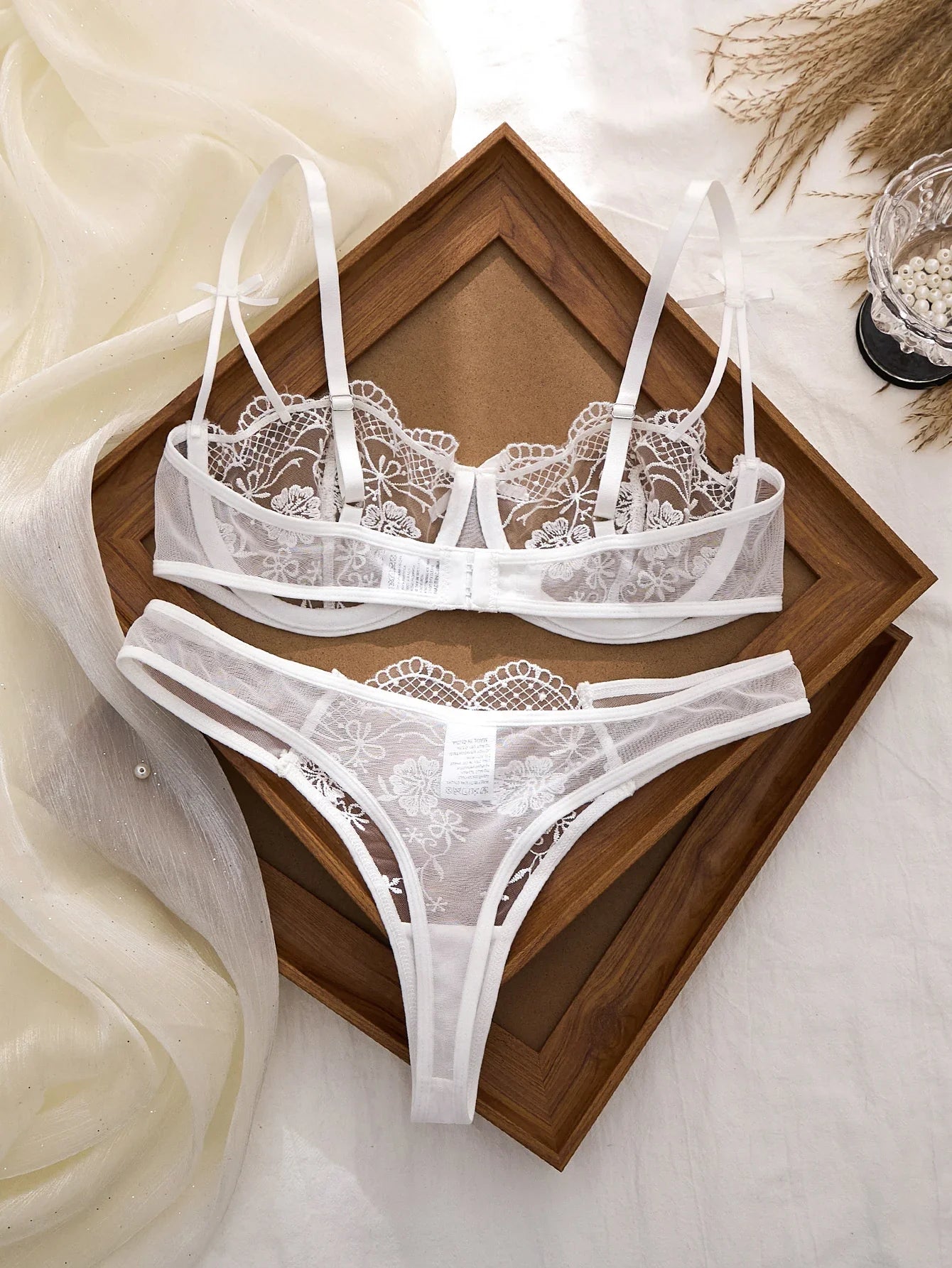 Lady Floral Embroidery Lingerie Set Women Sheer Bra and Brief Underwear Set Satin Sexy Intimates Underwear