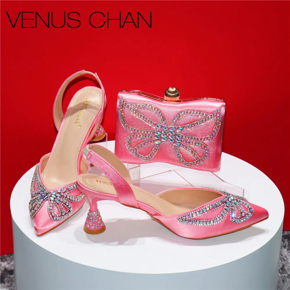 Design Diamond-Encrusted Bag And Pointed High-Heeled Shoes