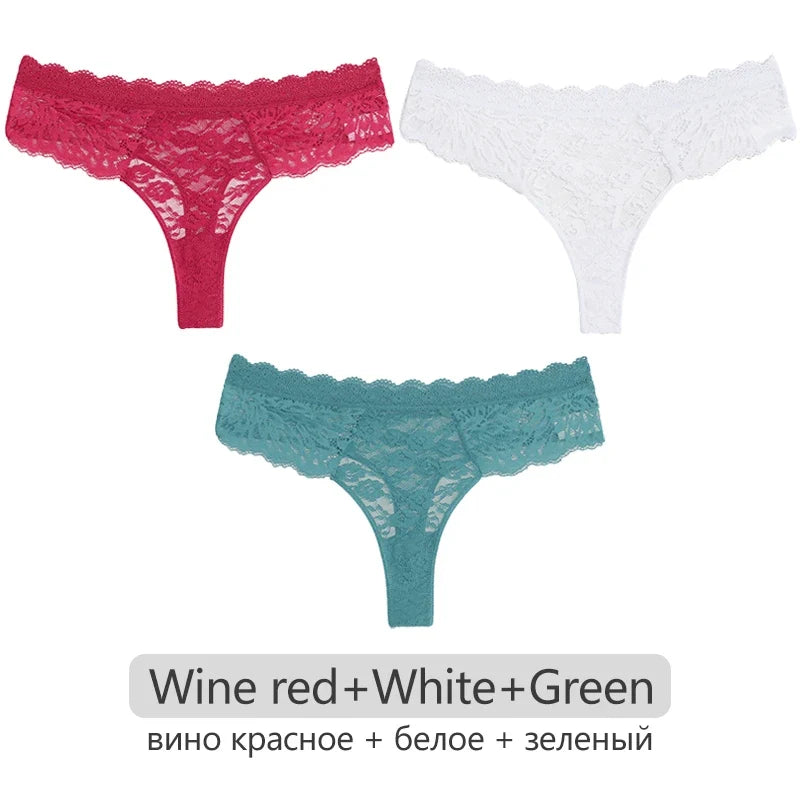 Full Lace Thongs Women 3Pcs/set Sexy G-string Underpants S-XL Ladies Floral T-Back Underwear Female Bikini Panties Girl Lingerie