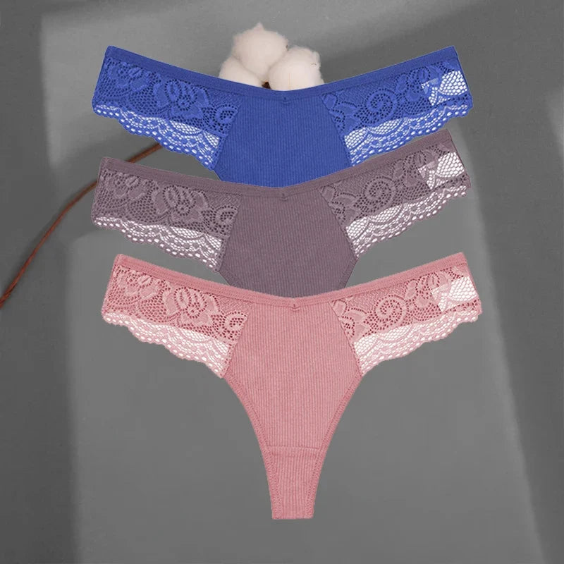3Pcs/set Cotton Thongs Lace Bikini Underpants Women S-XL T-Back Underwear Ladies G-string Soft Thong Panties Female Lingerie New