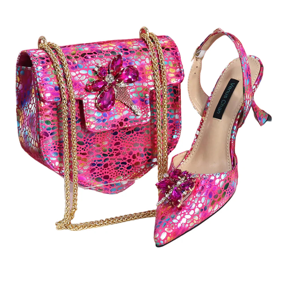 New Heels Pointed Toe Design Ladies Shoes Matching Bag Set