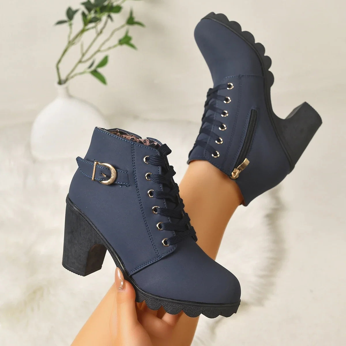 Women Lace‑Up Ankle Boots With Metal Buckle Side Zipper Chunky Block Heels