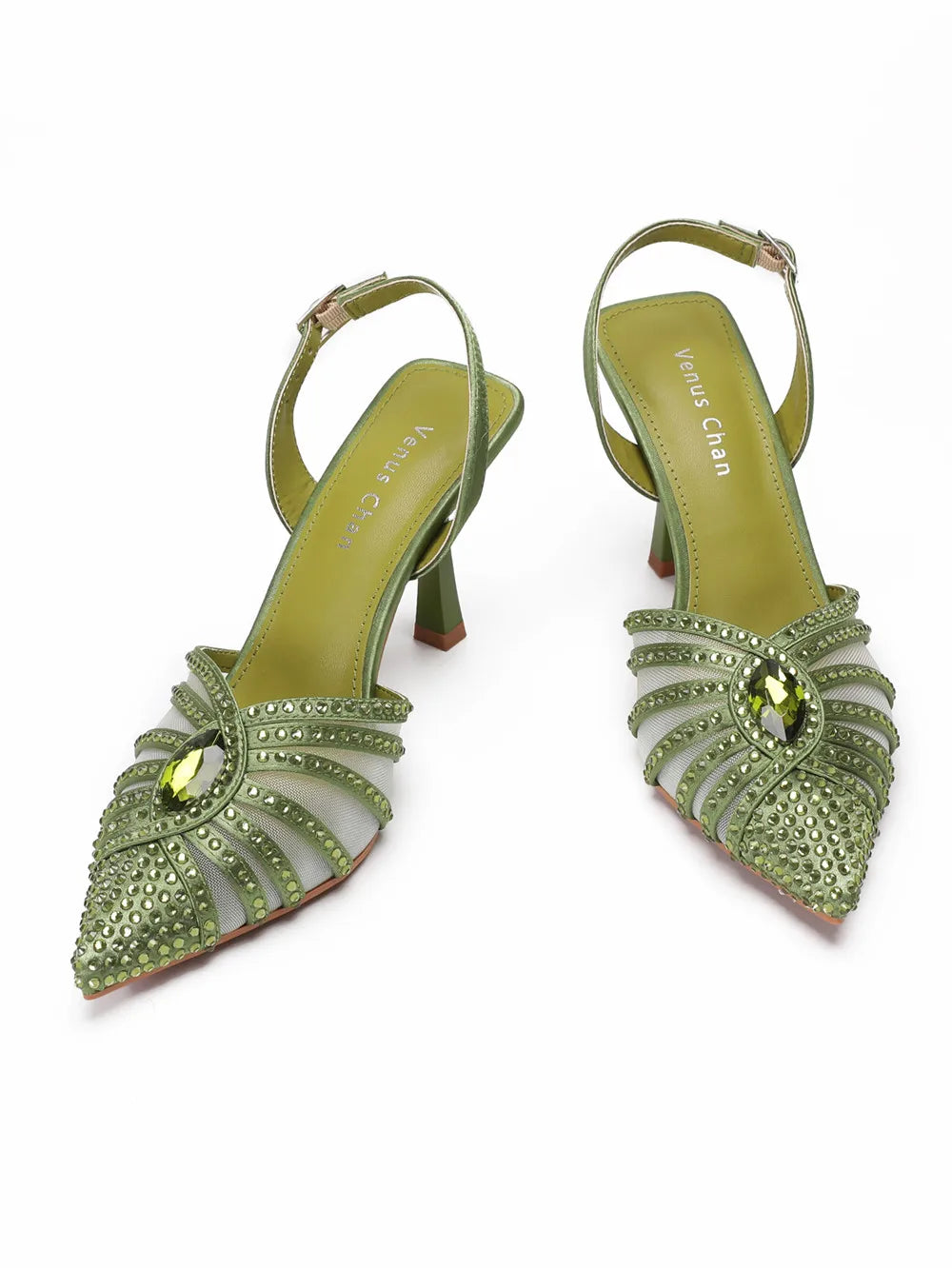 Women's Green Heels and Rhinestone Handbag Set